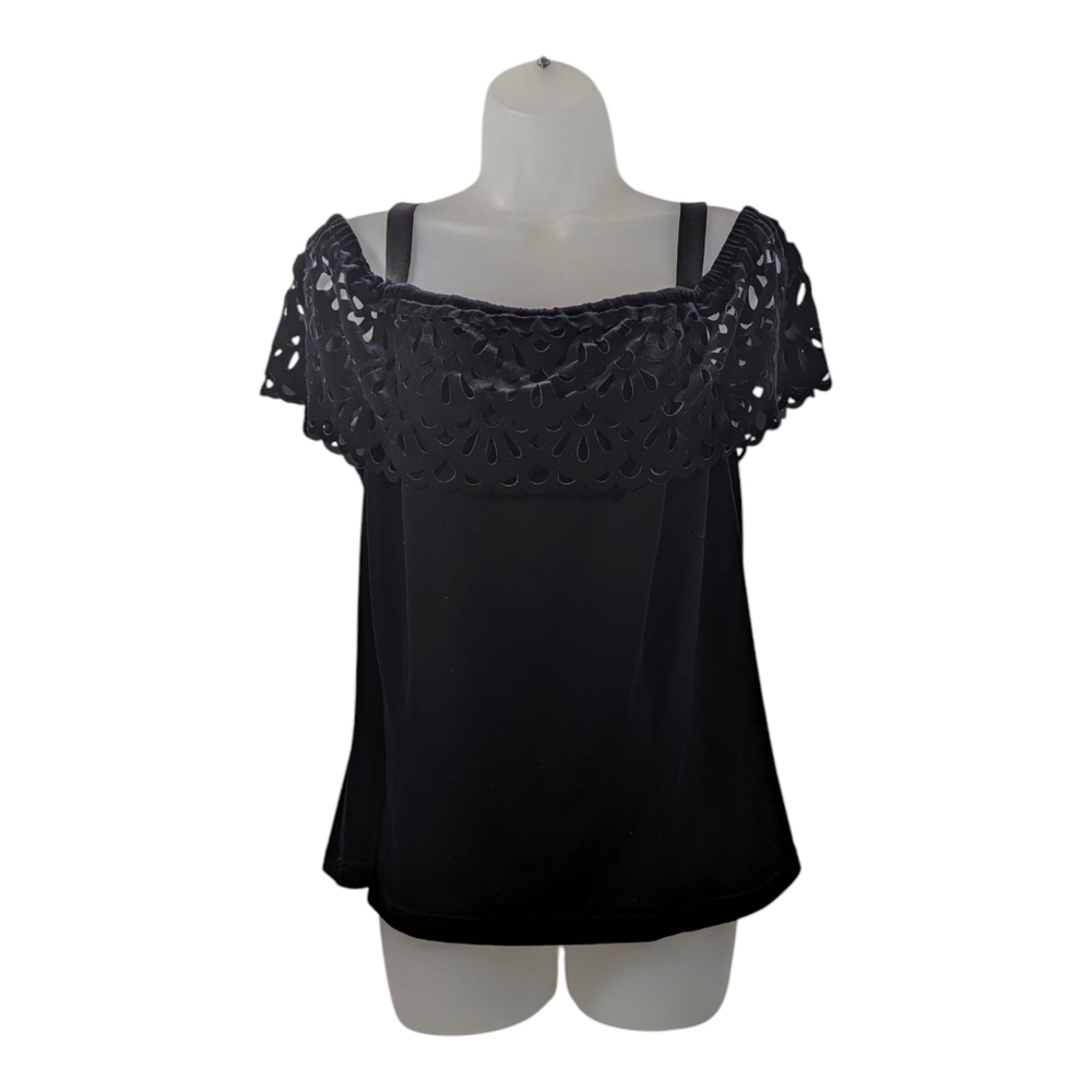 KM Collections By Milla Bell Black Velvet Cold Shoulder Top Blouse Elegant